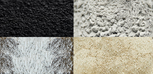 Activated charcoal, bentonite clay, diatomaceous earth, and kaolin clay powders arranged in a 4 square grid